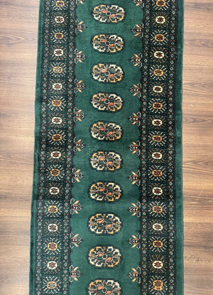 Pakistani Bokhara Runner Rug 2.5 x 11, Green Turkoman Wool Runner for Hallway
