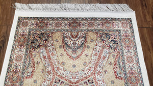 Persian Design Silk Accent Rug, Dome Medallion, Allover Pattern Oriental Carpet, Small Silk Rug, Cream, Ivory, Bamboo Silk, 2' 8" x 4' 1"