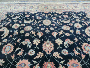 Large Indo Persian Rug 10x14, Wool Hand-Knotted Carpet, Navy Blue Ivory