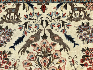 Persian Tree of Life 5x7, Qum Rug, Animal Motifs, Deer Birds, Fine 225 KPSI, Semi Antique Wool Rug, Cream Red
