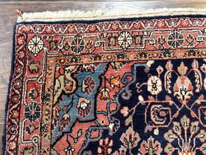 Persian Rug 3x5, Jozan Sarouk Rug, Navy Blue and Coral, Medallion Rug, Semi Antique