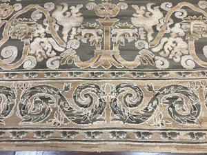 Spanish Rug 11x14, Wool Hand Knotted Vintage Carpet, Olive Green and Beige, Floral Allover, European Design, 11 x 14 Rug