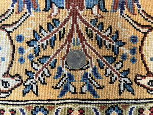 Persian Qum Hunting Design Rug 4x5, Wool Hand Knotted Vintage Oriental Carpet, Navy Blue & Mustard, Horsemen Animal Pictorials, Rare