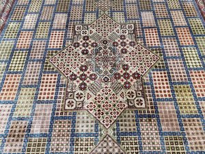 Sino Persian Silk Rug 6.4 x 9.9, Very Fine Hand Knotted Carpet, Panel Design Multicolor, Silk Pile on Silk Foundation, Handmade Vintage