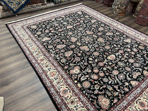 Pak Persian Rug 9x12, Floral Allover, Hand Knotted Oriental Carpet 9 x 12 ft, Black and Cream, Detailed, Wool with Silk Highlights, Vintage