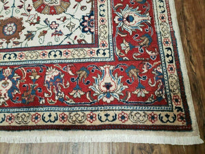 Antique Persian Tabriz Rug 9x12, Hand Knotted Oriental Carpet 9 x 12 ft, Vintage Wool Room Sized Rug, Cream and Red, Floral Allover Handmade Rug