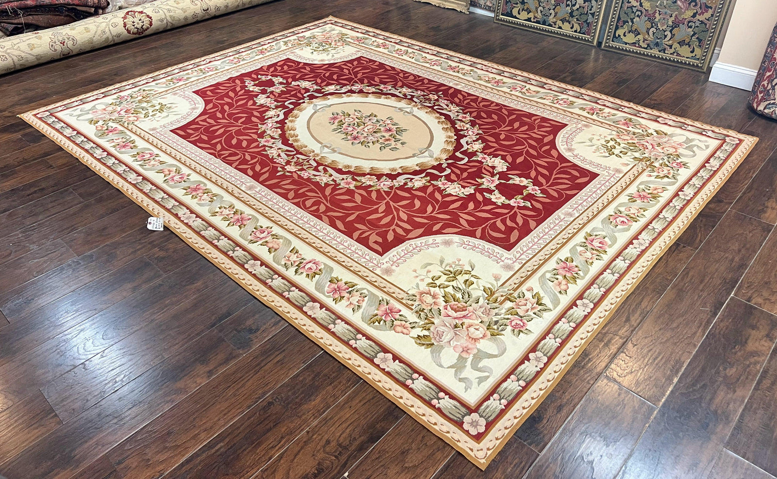 Wonderful Aubusson Rug 9x12, Handmade Vintage Needlepoint Carpet, Red and Ivory, Elegant European Design, Wool