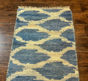 Modern Jute Runner Rug 2.9 x 7.9, Beige and Blue, Handwoven, Kaleen Rug