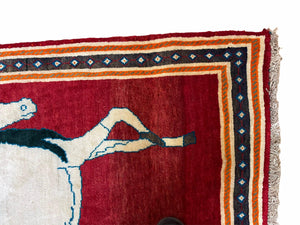 3.5 X 6 Handmade Hand-Knotted New Vintage Rug Quality Wool White Horses Red