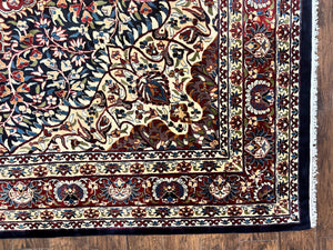 Indo Persian Rug 9x13, Floral Medallion, Midnight Blue & Burgundy, Hand Knotted Vintage Room Sized Traditional Wool Oriental Carpet