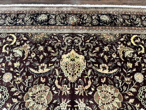 Indo Persian Rug 10x14, Floral Allover, Handmade Vintage Wool Rug, Dark Maroon/Plum and Black