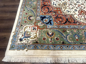 Indo Persian Rug 9x12, Ivory Red Green, Traditional Oriental Carpet