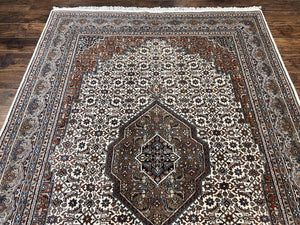 Indo Persian Rug 7x10 ft, Hand Knotted Wool Vintage Oriental Carpet 7 x 10, Traditional Handmade Herati Bidjar Cream Rug, Medallion Rug