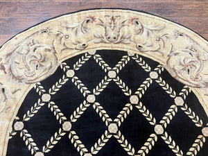 Oval Tibetan Rug 8x10, French Aubusson Design, Wool Handmade Vintage Carpet, Black & Beige, Soft Wool Pile