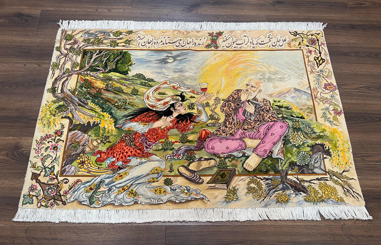 Persian Tabriz Pictorial Rug 5x3, Hafez Poetry In Border, Very Fine Hand Knotted Carpet, Wall Hanging Wool Oriental Carpet 3x5, Highly Detailed