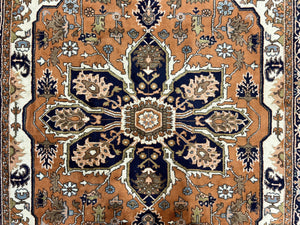 Indo Heriz Rug 6x8, Wool Hand Knotted Vintage Oriental Carpet, Orange-Red Ivory & Navy Blue, Medallion Rug, Handmade Indo Persian Rug