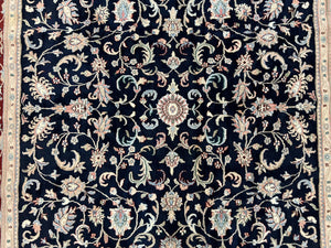 Indo Perisan Rug 9x12, Floral Allover, Midnight Blue and Dark Red Room Sized Carpet 9 x 12 ft, Hand Knotted Wool Vintage Indian Oriental Rug