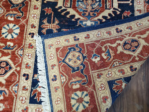 Vintage Turkish Area Rug 4x6, Wool Hand-Knotted, Red & Dark Blue Turkish Persian Pattern Oriental Carpet, 4 x 6 Decorative 1960s Foyer Rug