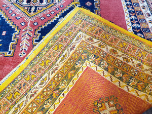 Vintage Moroccan Rug 6.6 x 9.8 ft, Tribal Bohemian Wool Hand-Knotted Carpet, 1950s Moroccan Rug, Salmon Red and Navy Blue, Room Sized Rug