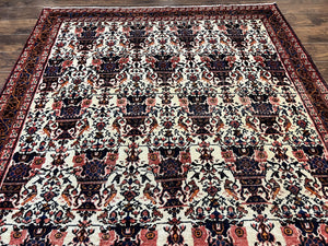 Persian Afshar Rug 6x8, Wool Hand Knotted Semi Antique Vintage Carpet, Floral Allover, Repeated Birds Flowers Vases Motifs