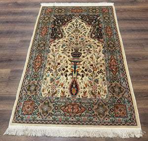 Rare Turkish Hereke Silk Rug 3x5, Tree of Life Persian Vase Design, Very Fine 440 KPSI, Signed