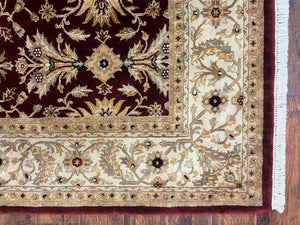 Vintage Indo Mahal Rug 8x10, Hand Knotted Wool Maroon & Beige Indian Agra Oriental Carpet, 8x10 ft Traditional Handmade Area Rug, Room Sized