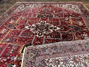 Persian Heriz Rug 10x13, Wool Hand Knotted Vintage Carpet, Geometric Medallion Tribal Oriental Rug, Red & Ivory, 10 x 13 Large Sized Rug