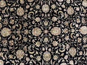 Indo Persian Rug 8x10, Black and Maroon Floral Allover Wool and Silk Oriental Carpet 8 x 10 ft, Hand Knotted Traditional Vintage Room Sized