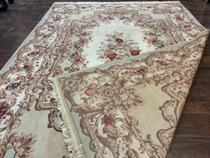 Aubusson Rug 8x12, European French Savonnerie Design, Thick Wool Pile, Elegant Rug, Cream Beige Light Green