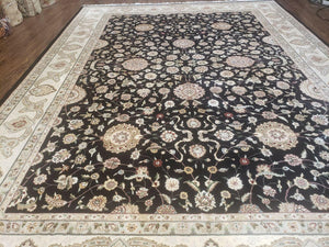 8' 5" X 11' 6" Vintage Handmade Oriental Floral Wool Rug Silk Accent Black Nice