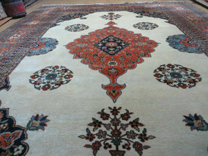 Indo Persian Rug 9x12, Semi Open Field Medallion, Ivory Tomato Red Navy Blue, Hand Knotted Indian Oriental Wool Carpet 9 x 12 ft, Room Sized