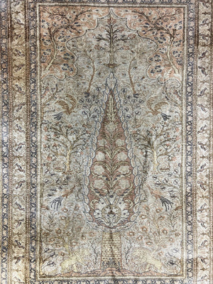 Turkish Kayseri Silk Rug 4x6, Tree of Life Pattern, Vintage Handmade Hand Knotted Carpet, Animal Pictorials, Birds