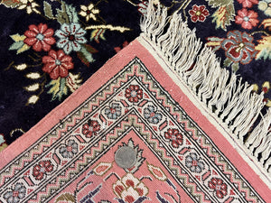 Stunning Silk Persian Qum Rug 7x9, Finely Hand Knotted Navy Blue & Salmon Floral Medallion Authentic Oriental Carpet, Vintage Handmade Silk Ghom Rug, Silk on Silk