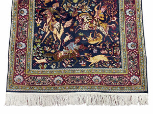 Indian Kashmiri Wool & Silk Rug 4x6 ft, Hunting Scene, Midnight Blue, Hand-Knotted, Archers, Swords, Horses, Vintage Antique Oriental Carpet