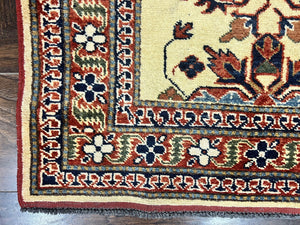 Afghan Heriz Runner Rug 2.9 x 12, Vintage Hand Knotted Persian Carpet for Hallway, 12ft Runner, Wool, Cream