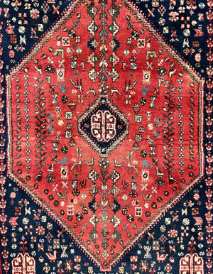 Persian Tribal Rug 3.6 x 5 ft, Persian Abadeh Rug, Geometric Medallion Bird Motifs, Red and Navy Blue Hand Knotted Handmade Wool Vintage Oriental Carpet