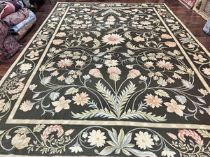 Large Needlepoint Rug 11x16, Dark Green Floral Elegant European Design Vintage Wool Handmade Carpet, Palace Size Rug
