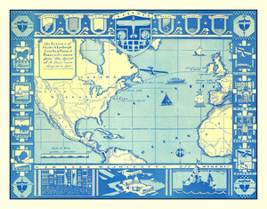Vintage Map of Flight of Charles Lindbergh, 1927