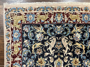 Wonderful Persian Isfahan Rug 2.4 x 4, Animal Pictorials Deer, Floral, Handmade Vintage Navy Blue Small Persian Carpet, Very Fine 430 KPSI Kork Wool