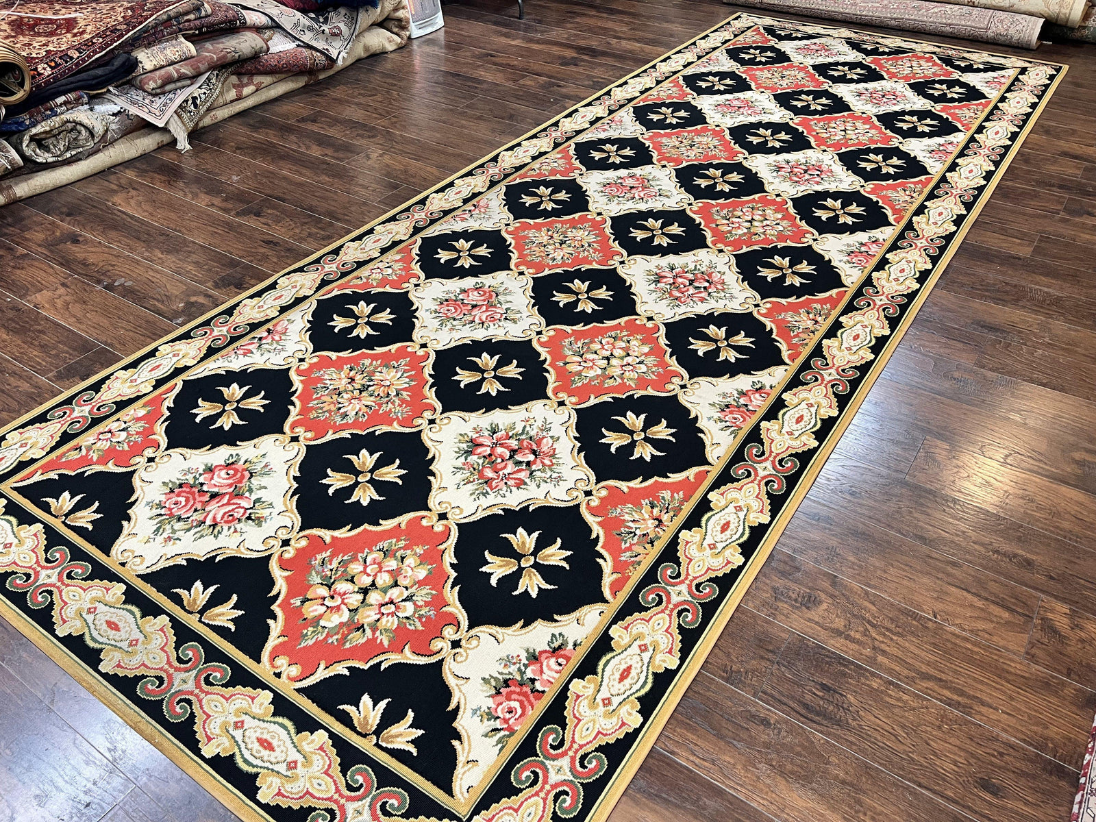 Wide Runner Rug 6x17 ft, Custom Made Vintage Stark Carpet 6 x 17 ft, Red Black Ivory, Corridor Hallway Rug, European Panel Design, Floral