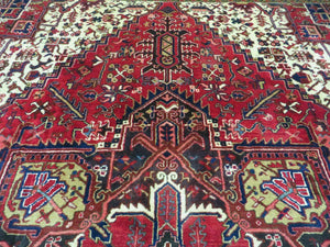 Wonderful Persian Heriz Rug 8.6 x 11, Geometric Heriz Carpet, Semi Antique Decorative Area Rug, Red Ivory Dark Blue Handmade Wool Room Sized