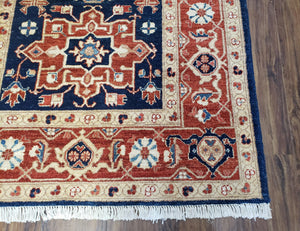 Vintage Turkish Area Rug 4x6, Wool Hand-Knotted, Red & Dark Blue Turkish Persian Pattern Oriental Carpet, 4 x 6 Decorative 1960s Foyer Rug