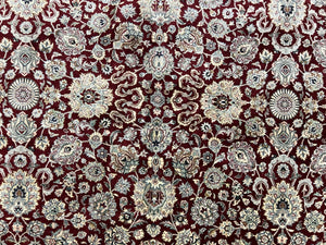 Sino Persian Rug 9x12, Floral Allover Pattern, Wool Vintage Carpet, Dark Maroon Red, 9 x 12 Traditional Room Sized Rug, Finely Hand Knotted