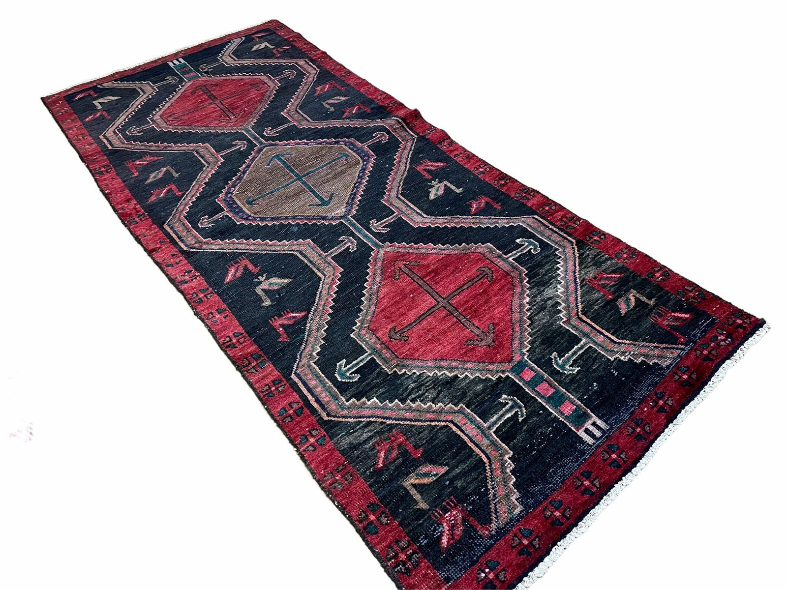 3 X 7 Handmade Wool Tribal Runner Rug Geometric Red Blue Boho Organic Dyes