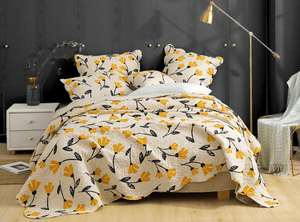 DaDa Bedding Yellow Fleur Floral Quilt Set - Ivory Gold Bedspread