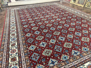 Large Turkish Rug 11x16, Allover Pattern, Red Multicolor, Hand Knotted Handmade Wool Vintage Oriental Carpet, Palace Sized, Extra Large