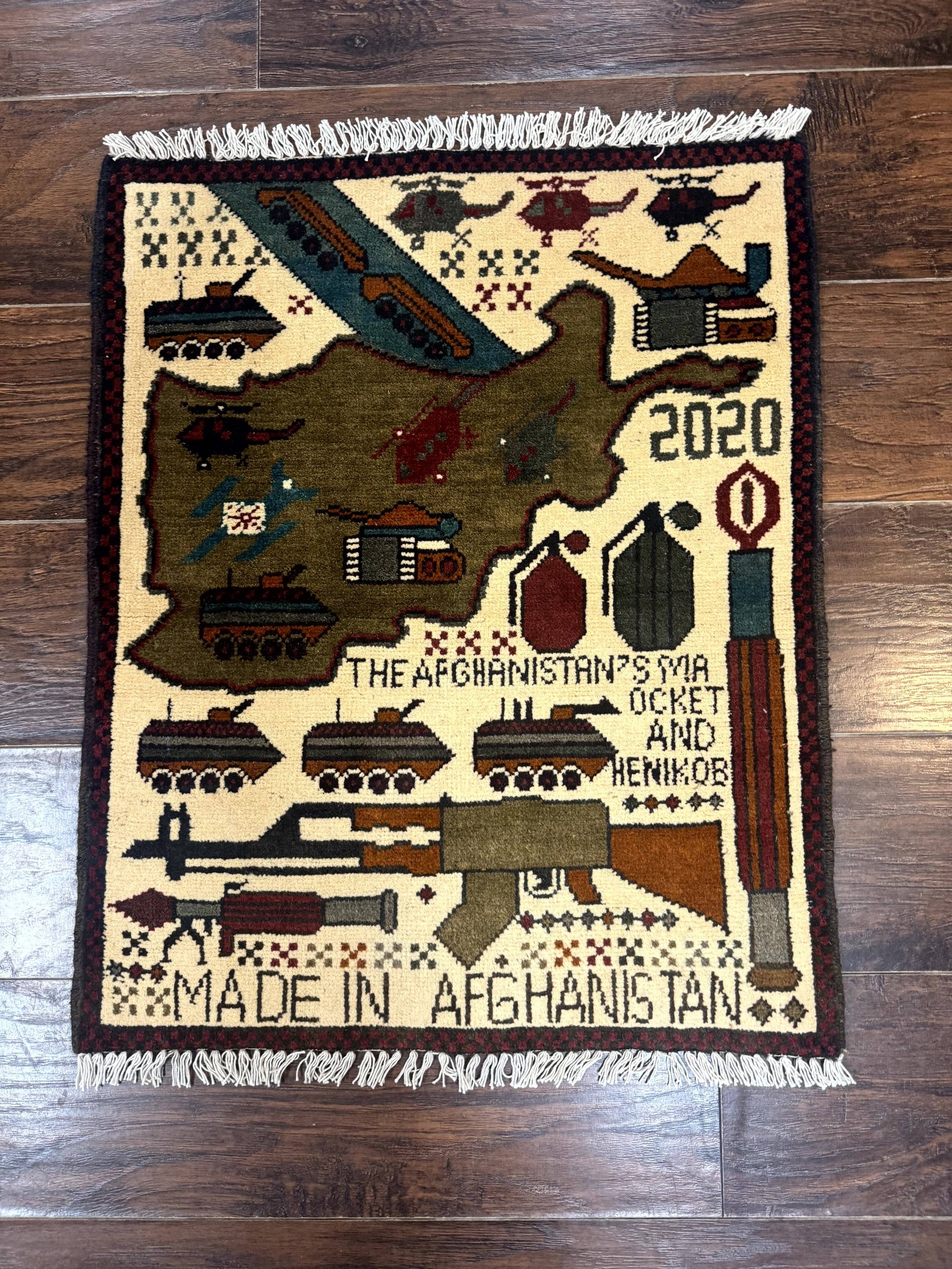Afghan War Rug, Helicopters Tanks Guns, Handmade, Wool, 2x3