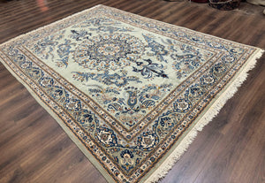 Light Green and Blue Persian Kashan Rug 7x10, Authentic Persian Carpet, Handmade, Wool