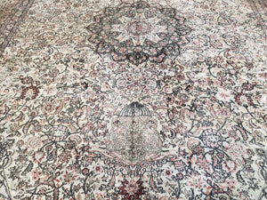Vintage Indian Room Sized Silk Rug 8x10, Indo Kashmiri Carpet, Hand-Knotted Persian Oriental Carpet, Floral Medallion Allover Pattern, Ivory