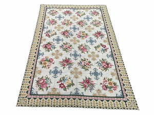 Hand-Knotted Needlepoint Carpet 6x9, Ivory/Cream Background, Colorful Flowers, Yellow Border, Aubusson Rug 6 x 9, New, Handmade
